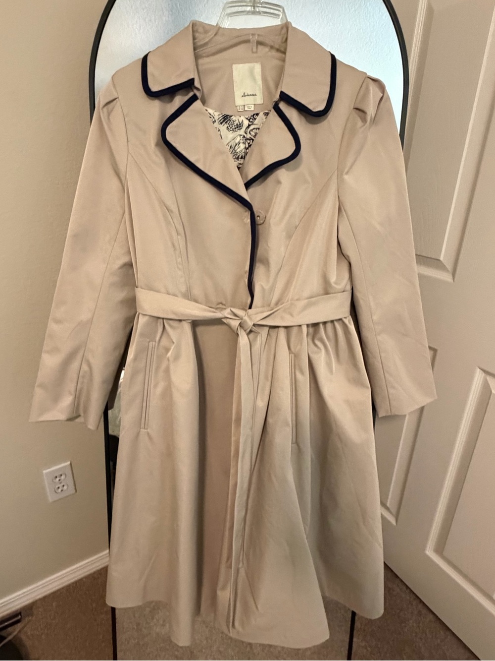 Anthropologie elevenses Beige Trench Coat with Navy Piping